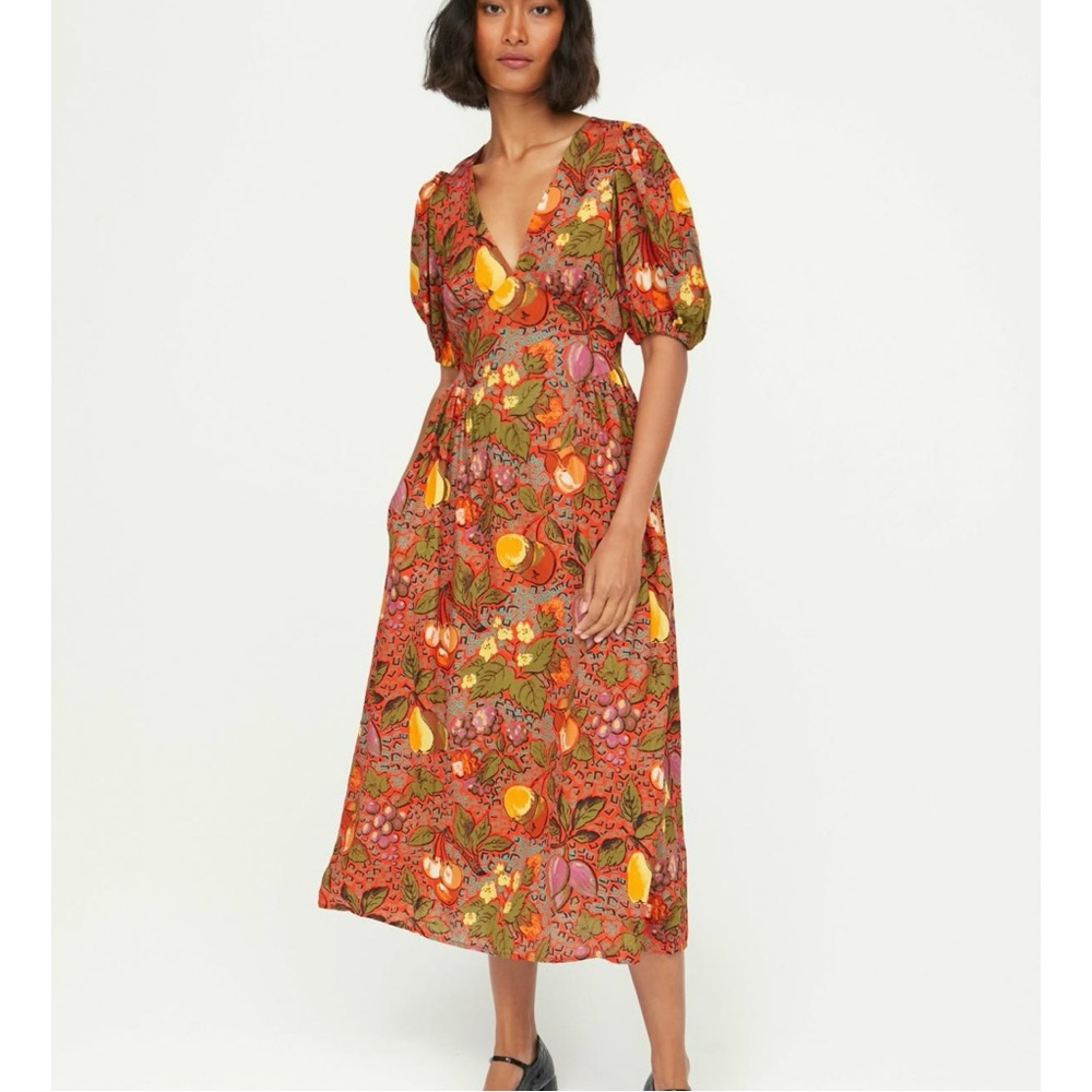 NWT RHODE Womens Size 2 Gwyneth Red Berry Orchard Print Puff-Sleeve Midi-Dress